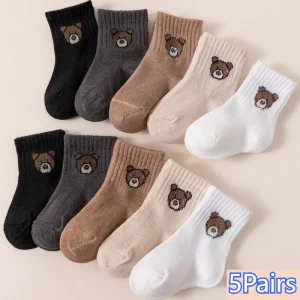 5 Pairs Cartoon Bear Pattern Baby Socks Toddler